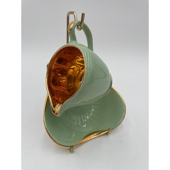 Vintage Figgjo Flint Norway Green & Gold Gravy Boat With Saucer Mid-Century Mode - Picture 2 of 7